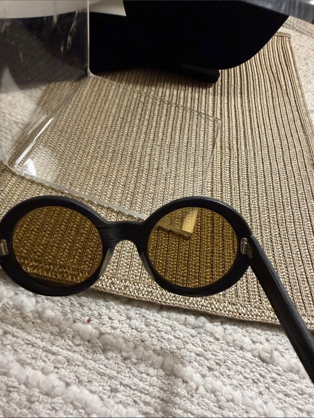 Round Black Sunglasses with Amber Lenses and Crystal Accents
